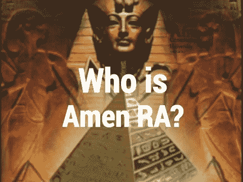 Ancient Egyptian Pharaoh statue with text overlay 'Who is Amen RA?' highlighting a theme of historical and religious inquiry.