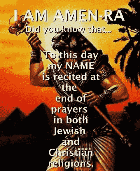 Ancient Egyptian deity Amen-Ra depicted with a staff, with text overlay discussing the name's use in Jewish and Christian prayers, set against a backdrop of pyramids and a sunset.