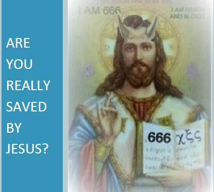 Image of a figure depicting Jesus with horns, holding a book showing '666', alongside text asking 'Are you really saved by Jesus?' Adding provocative elements questioning Jesus' identity in Hebrew context.