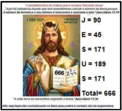 Imagem apresentando uma representação de Jesus com símbolos numéricos associados ao 666 conforme referências bíblicas, destacando interpretações sobre seu nome com comparação de valores numéricos. Inclui citações do Apocalipse e um aviso sobre a hipocrisia em ignorar 'verdades' apresentadas.
