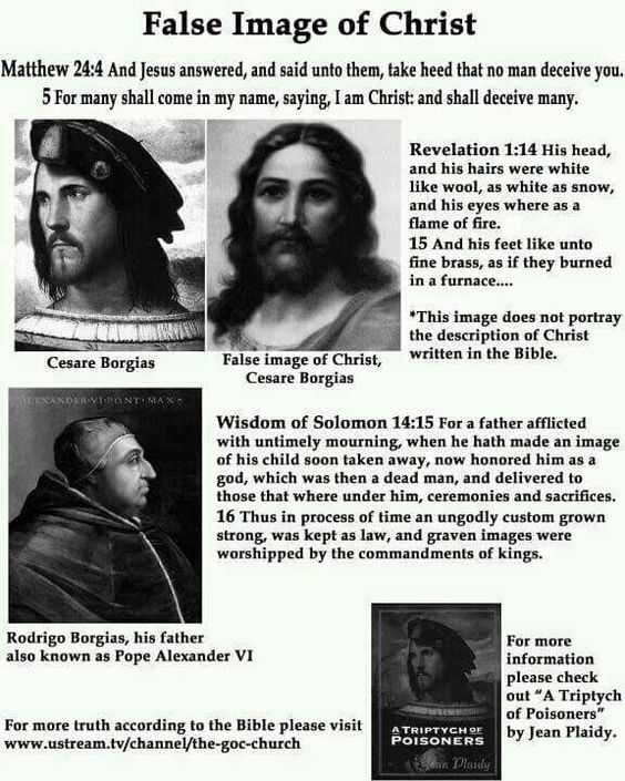 Historical illustrations depicting Cesare Borgia alongside text discussing false images of Christ, referencing biblical verses Matthew 24:4-5, Revelation 1:14-15, and Wisdom of Solomon 14:15-16. Emphasizes the discrepancy between traditional depictions and biblical descriptions of Jesus.
