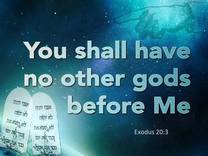Image featuring a cosmic background with stars and the text 'You shall have no other gods before Me' from Exodus 20:3. Two stone tablets with Hebrew script appear in the lower left corner, symbolizing the Ten Commandments, emphasizing the importance of monotheism and the Creator's true name, Ahayah.